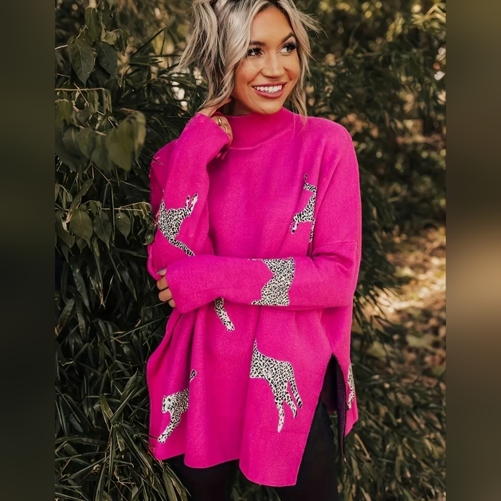 New Leopard Pattern Mock Neck  Pink Dopamine Sweater Barbiecore S (Oversized)